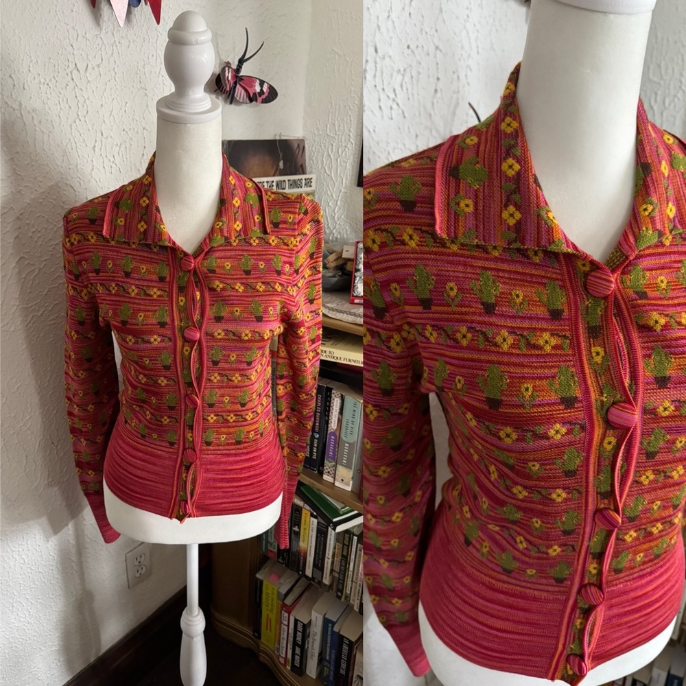 Zara Pink Cactus Flower Cardigan Sweater Button Front Women's Small